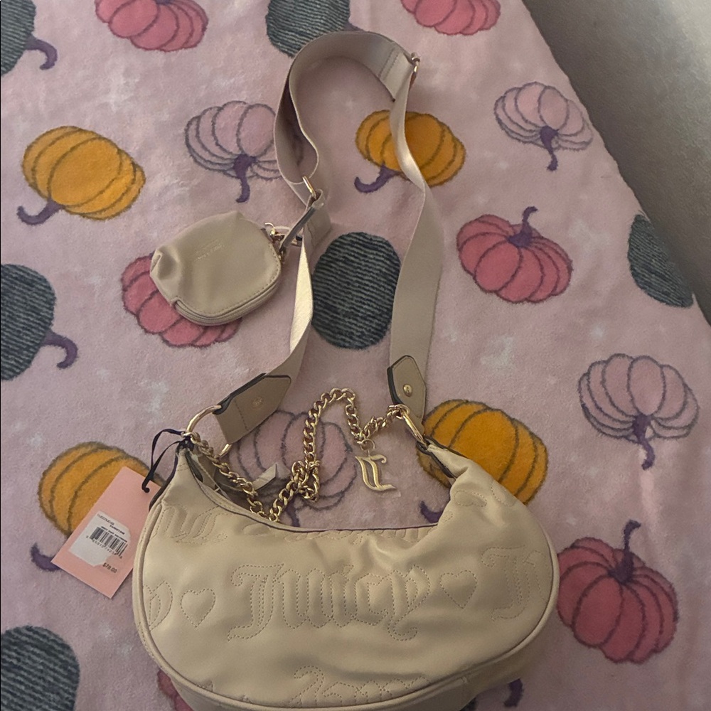 Juicy Couture Beige Quilted Logo Shoulder Bag with Coin Pouch